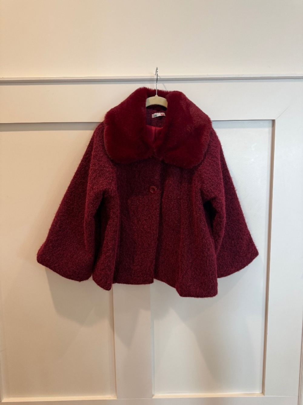 Made in Italy Burgundy Bouclé Jacket Faux Fur Collar Boutique Coat Cape Style